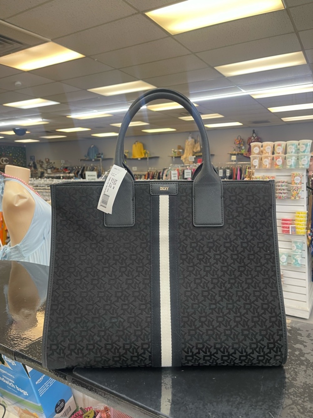 DKNY Black Signature Tote with Ivory Center Stripe